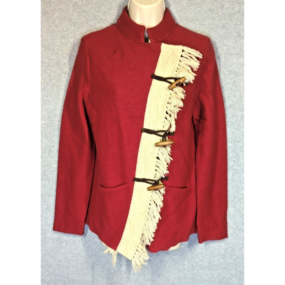 Anthropologie SPARROW Sweater Jacket M 100% Wool Red Fringe Toggles Boho Chic
